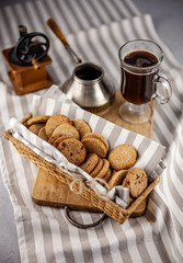 Homemade cookies on the table. Baking background. Food, cooking, flour products.
