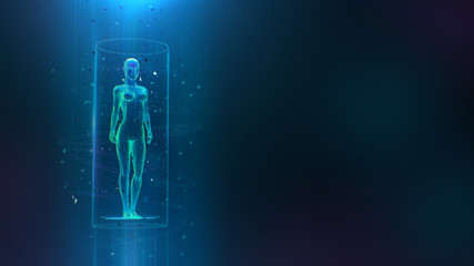 Clinical study, healthcare concept with 3D female body hologram and hud elements. Neural network artificial intelligence examination of human health and proper treatment in HUD style. Sci 3D x-ray. 3d