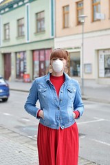 woman in closed shop with mask - your text closed