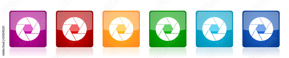 Poster photo shutter icon set, camera, photography colorful square glossy vector illustrations in 6 options