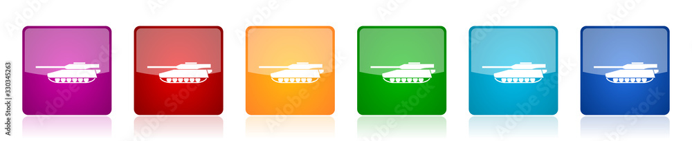 Aufkleber tank icon set, army, military, war vehicle colorful square glossy vector illustrations in 6 options 