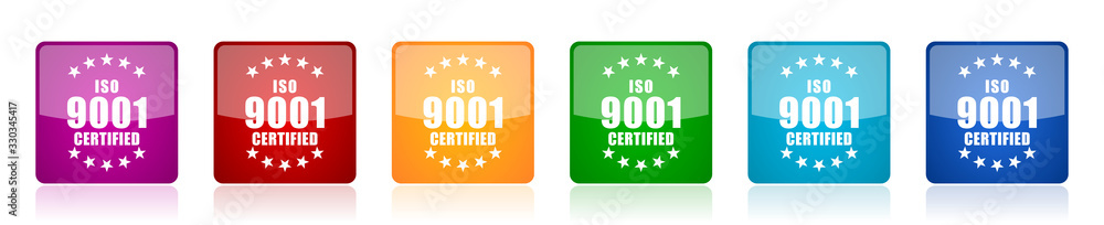 Aufkleber iso 9001 icon set, colorful square glossy vector illustrations in 6 options for web design and mobil