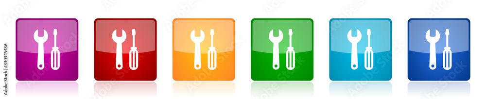 Poster Tool icon set, colorful square glossy vector illustrations in 6 options for web design and mobile applications
