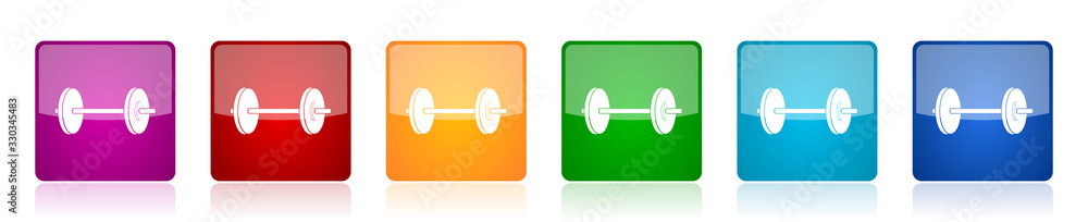 Poster fitness icon set, colorful square glossy vector illustrations in 6 options for web design and mobile