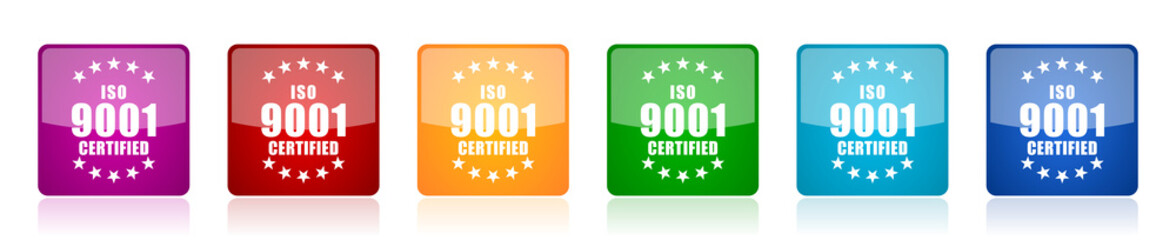 Iso 9001 icon set, colorful square glossy vector illustrations in 6 options for web design and mobile applications