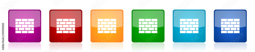 Leinwandbilder firewall icon set, colorful square glossy vector illustrations in 6 options for web design and mobil