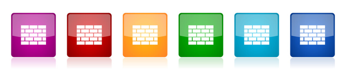 Firewall icon set, colorful square glossy vector illustrations in 6 options for web design and mobile applications