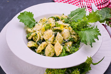 Cime di rapa pasta in a plate on with parmesan on table. Traditional food of the south of Italy,...