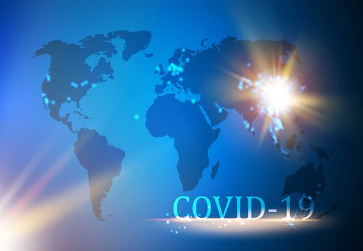 Covid concept image of a blue world map. Title of coronavirus science illustration against the background of DNA. Coronavirus disease COVID infection.