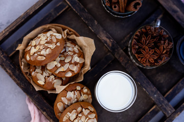 Sweet almond cookies  on wooden table.French homemade cookie. Useful Lenten cookies from almond flour with honey on rustic wooden background. Selective soft focus.