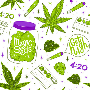 Marijuana seamless vector pattern. Drug consumption, cannabis and smoking drugs. Get high. Magic seeds lettering. Fun doodle illustration of smoking equipment.
