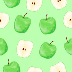Seamless pattern with the image of fresh apples. Isolated vector illustration on a colored background.