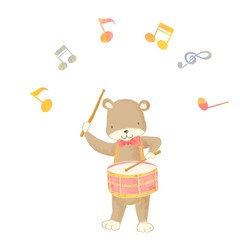 Cartoon animal playing music, teddy bear, drum 