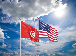 United States of America vs Tunisia. Thick colored silky flags of America and Tunisia. 3D illustration on sky background. - Illustration