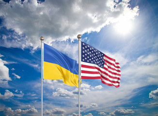 United States of America vs Ukraine. Thick colored silky flags of America and Ukraine. 3D illustration on sky background. - Illustration