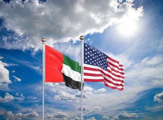 United States of America vs United Arab Emirates. Thick colored silky flags of America and United Arab Emirates. 3D illustration on sky background. - Illustration