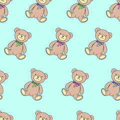 Seamless pattern with a teddy bear on a blue background. Vector
