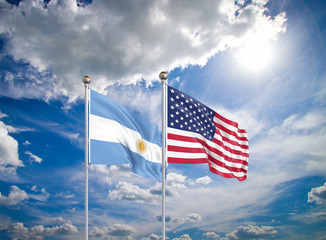 United States of America vs Argentina. Thick colored silky flags of America and Argentina. 3D illustration on sky background. - Illustration