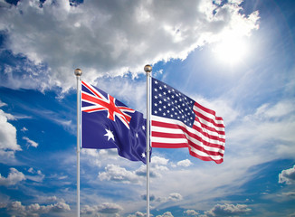 United States of America vs Australia. Thick colored silky flags of America and Australia. 3D illustration on sky background. - Illustration