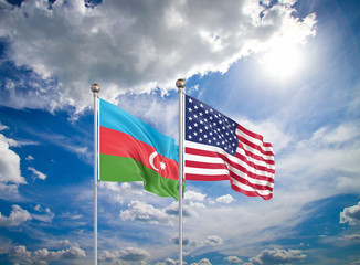 United States of America vs Azerbaijan. Thick colored silky flags of America and Azerbaijan. 3D illustration on sky background. - Illustration