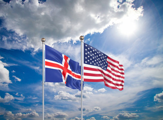 United States of America vs Iceland. Thick colored silky flags of America and Iceland. 3D illustration on sky background. - Illustration