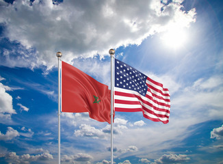 United States of America vs Morocco. Thick colored silky flags of America and Morocco. 3D illustration on sky background. - Illustration