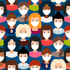 girls and women in medical masks, vector seamless pattern.
