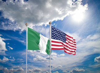 United States of America vs Nigeria. Thick colored silky flags of America and Nigeria. 3D illustration on sky background. - Illustration