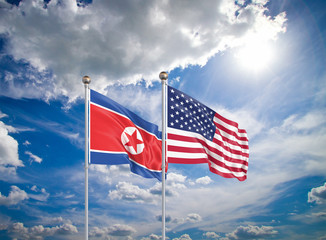 United States of America vs North Korea. Thick colored silky flags of America and North Korea. 3D illustration on sky background. - Illustration