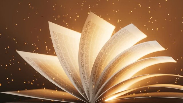 Endless flipping pages in magic book. Golden sparkles and glowing light. 4k HD
