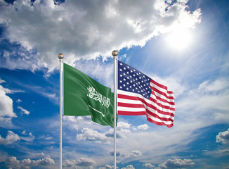 United States of America vs Saudi Arabia. Thick colored silky flags of America and Saudi Arabia. 3D illustration on sky background. - Illustration