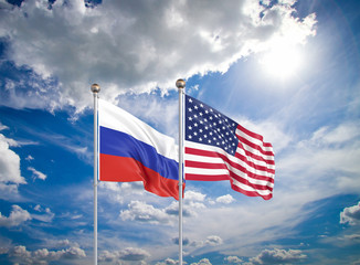 United States of America vs Russia. Thick colored silky flags of America and Russia. 3D illustration on sky background. - Illustration