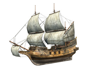 Golden Hind galleon. 3d illustration.