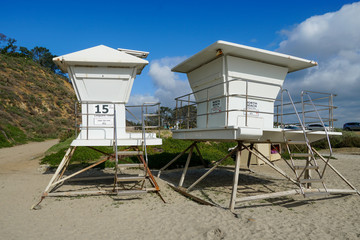 Lifeguard tower on the Solana Beach during sunny day. San Diego, California, USA. 