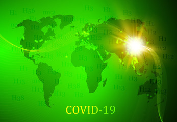 Coronavirus disease COVID-19 infection. World map on green background bright flash on china. Coronavirus or corona virus science illustration. Vector illustration.