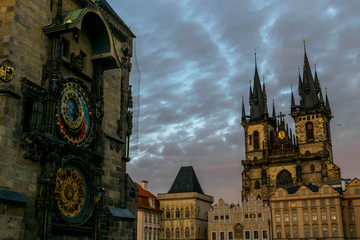 Prague astronomical clock tower during sunset