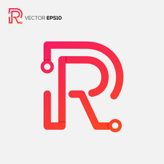 the letter R logo design with monoline and abstract style technology themes, very suitable for use in technology company logo, brand, business, application, web, initials etc.