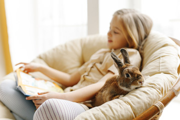 cute little girl study on the sofa in the company of rabbit 