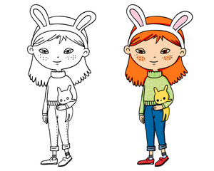 hand drawn cute girl with rabbit ears. Happy easter. Coloring sheet with an example.