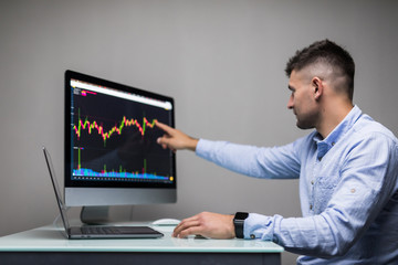 Young man sitting on work market view of the computer screens of a stock broker trading in a bull market showing ascending graphs