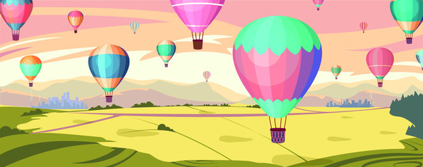 Colorful hot air balloons fly in orange sky over amazing valleys 