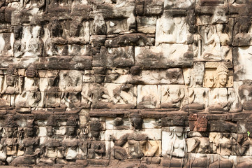 Close-up on the walls of Angkor Thom Temples. Siem Reap, Cambodia.