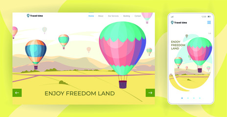 Hot air balloons website booking page template vector illustration. Landing page adventure booking concept with hot air balloons at  mountain landscape for travel web page interface layout
