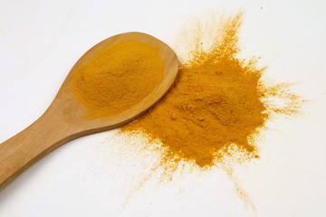 Turmeric powder in a wooden spoon isolated on a white background is an ingredient in turmeric foods and ingredients in skin care products. Turmeric helps strengthen the skin.
