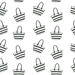 Seamless black and white texture, beach striped bag, vector illustration on a white background. For printing on textiles, eco bags, wrapping paper, postcards and travel booklets.