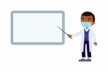 Dark skin male doctor point to a blank medical demonstration board. A doctor in a white coat, a character with a protective mask on his face. Virus protection, allergies concept. Vector illustration