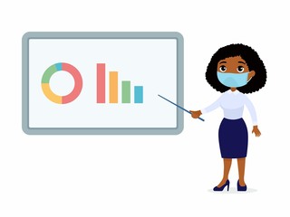 Dark skin woman in an office suit points to a demo board with graphs. Character with a protective mask on his face. Virus protection, allergies concept. Vector illustration on a white background.