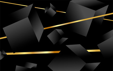 Black abstract banner with a luxurious gold metallic gradient of geometric elements. Neutral rich background with cubes and golden stripes for premium web design, wallpaper, print. Vector illustration