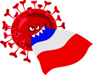 Coronavirus France. COVID-19, vector illustration strain and French flag. World coronavirus pandemic in 2020. Coronavirus concept in France