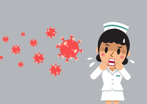 Vector cartoon female nurse is worried about the virus for design.